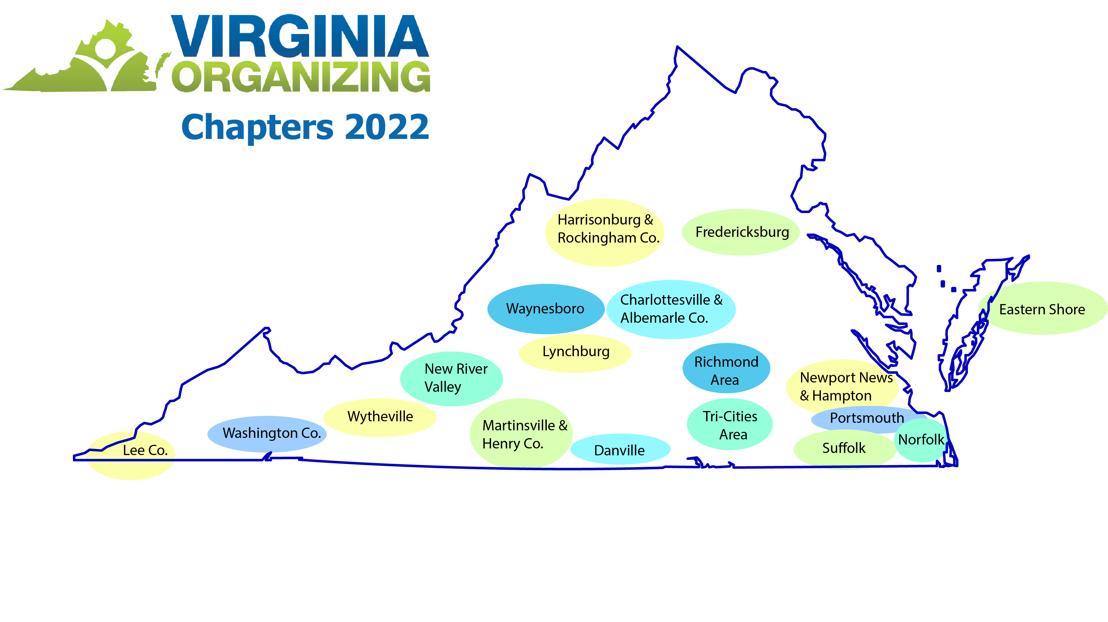 Graphic: logo and title "Chapters 2022" and an outline of the map of Virginia with colorful bubbles showing each of the 18 areas where we are organizing.