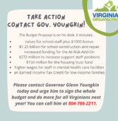 Urgent action alert: tell Gov. Youngkin to accept the budget