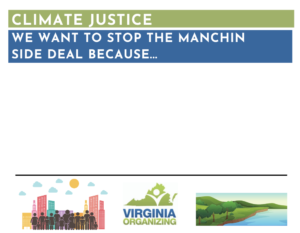 Graphic that reads, "Climate Justice We want to stop the Manchin side deal because..." with space below to write a reason.