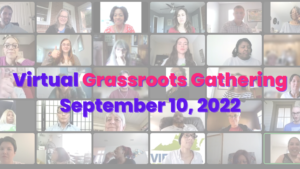 Picture of a Zoom meeting with Virtual Grassroots Gathering printed on it