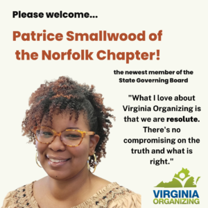 Picture graphic of Patrice with a quote that reads, "What I love about Virginia Organizing is that we are resolute. There's no compromising on the truth and what is right."