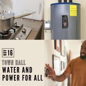 Graphic with pictures of a stove, a water heater, and a man with a thermostat and the town hall in the 4th square