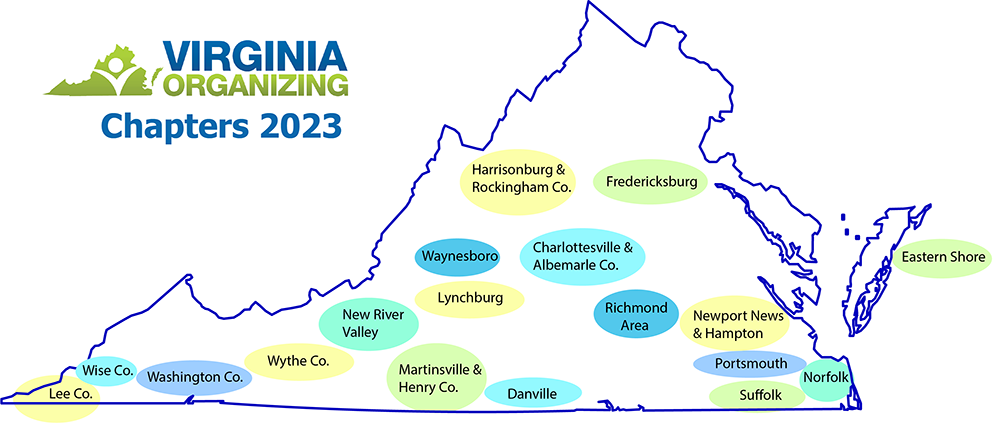 Map of Virginia with colorful bubbles for our chapter areas