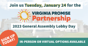 Picture graphic of the capitol building in Richmond with an invitation to join the lobby day from Virginia Promise Partnership