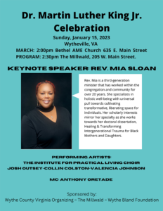 Flyer with a picture of Rev. Mia Sloan, a Black woman wearing a necklace with a cross.