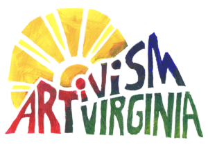 Logo of Artivism Virginia, a painted yellow sunrise over the name in many colors