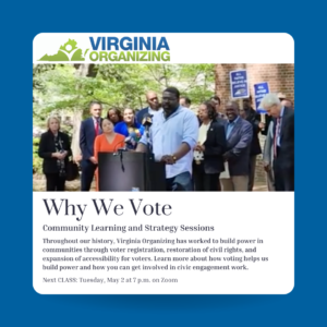 Graphic for CLASS with logo, picture of a man speaking at a podium and text that reads, "Why we vote" with details.