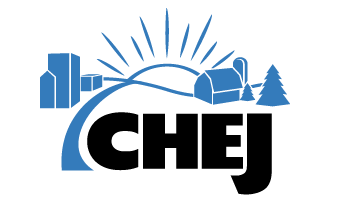 Logo with black letters CHEJ and a blue sketch of a city, a farm, a road, and the sun in the background