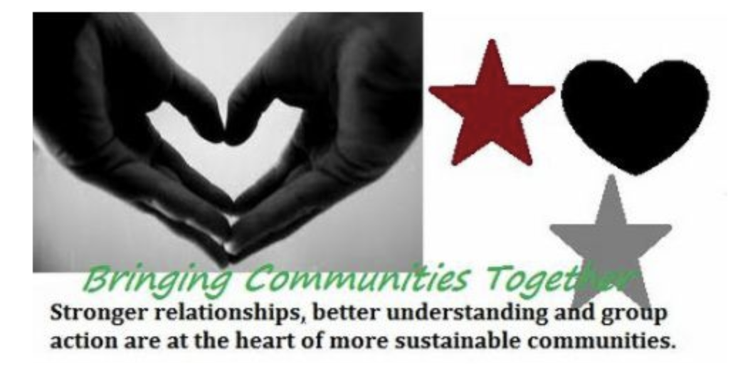 Graphic with hands making a heart, 2 stars and a black heart, and the text, "Bringing Communities Together: Stronger relationships, better understanding and group action are at the heart of more sustainable communities."