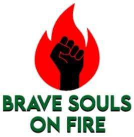 Logo for Brave Souls on Fire, an image of a Black fist in a red flame with green title