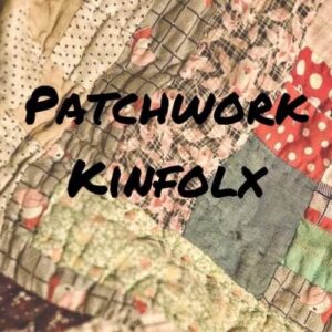 Photo of a quilt with "patchwork kinfolx" in black over it