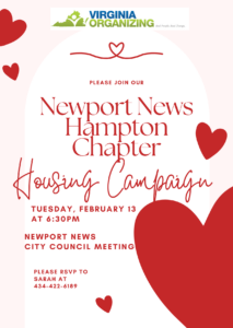 Flyer with hearts and pink background and details about the housing action at city council on February 13 at 6:30 pm